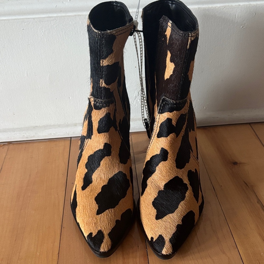 Cow Print Booties Western Leather Rider Calf Hair Block Heel Cowgirl New - Picture 4 of 6